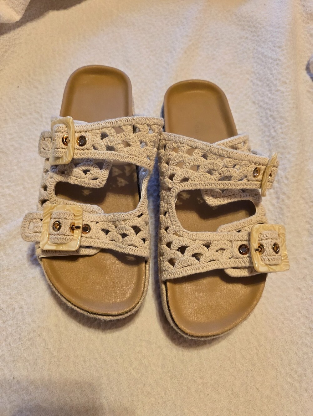 MADDEN GIRLCream Crochet Double-Buckle Slide Sandals